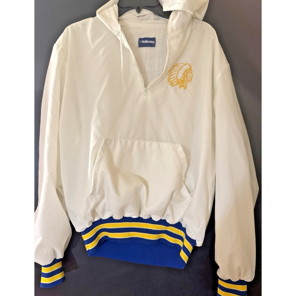Vintage Holloway Varsity Jacket 1/4 Zip Hoodie Satin white with Chief Large‎